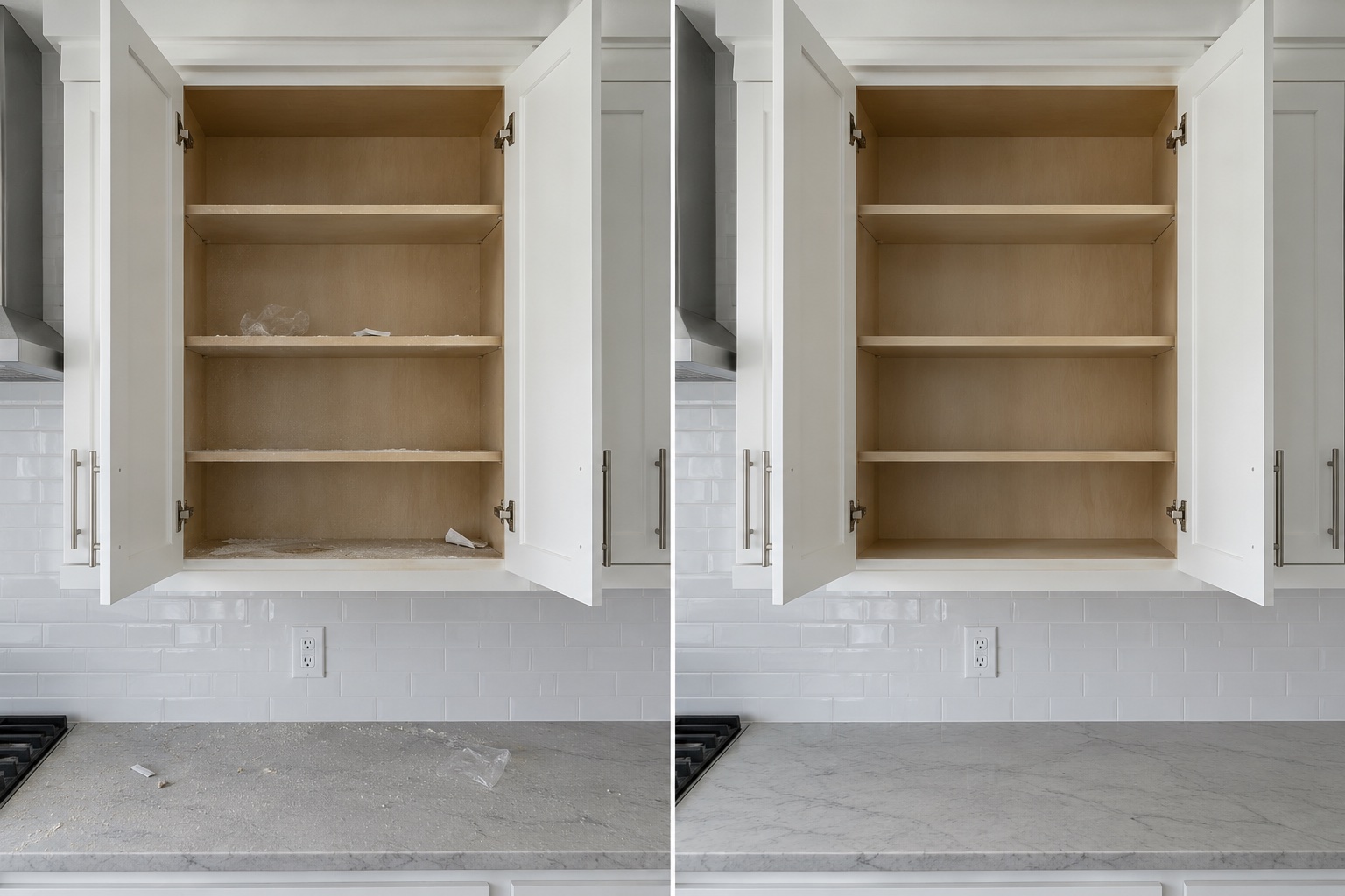 Illustrative reference: Kitchen cabinets, before and after cleaning